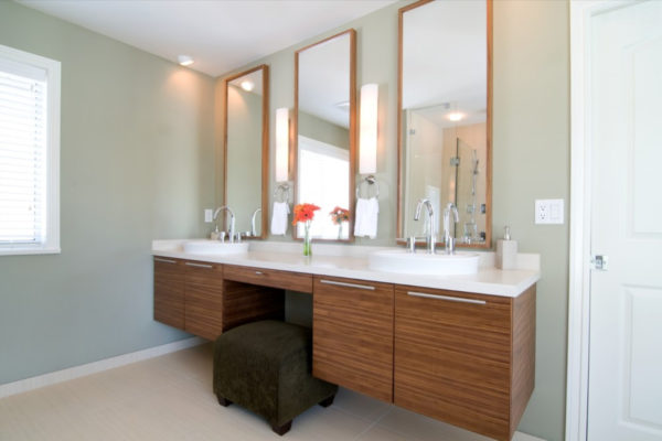 custom bathroom renovation floating vanity with three mirrors